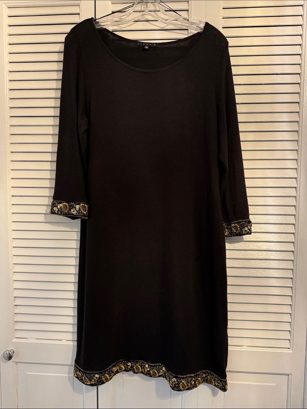 Tiana B. Black Long Sleeve Dress with Gold Embellished Trim